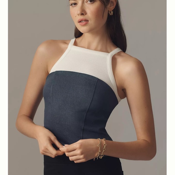 Anthropologie Tops - Anthropologie Fitted Bustier White and Gray Tank Top